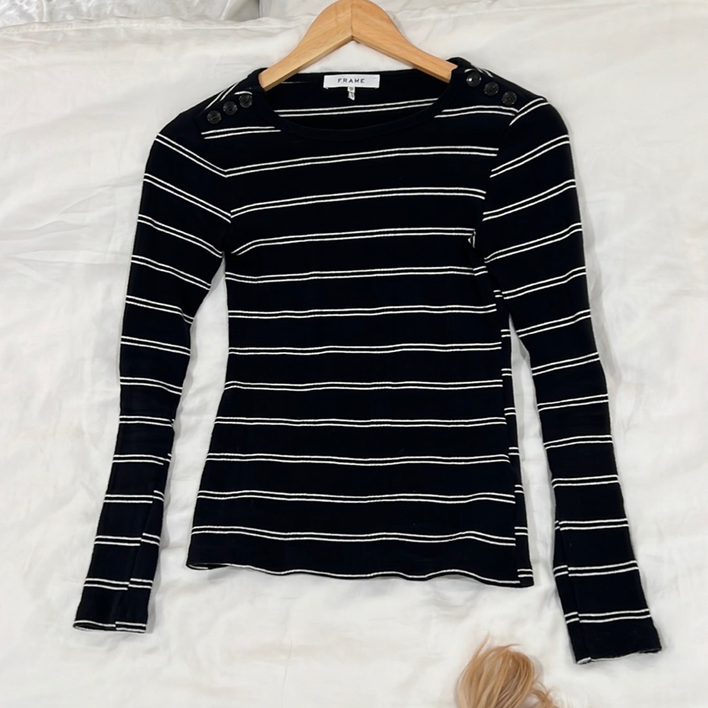 Frame striped long sleeve rib-knit pullover top